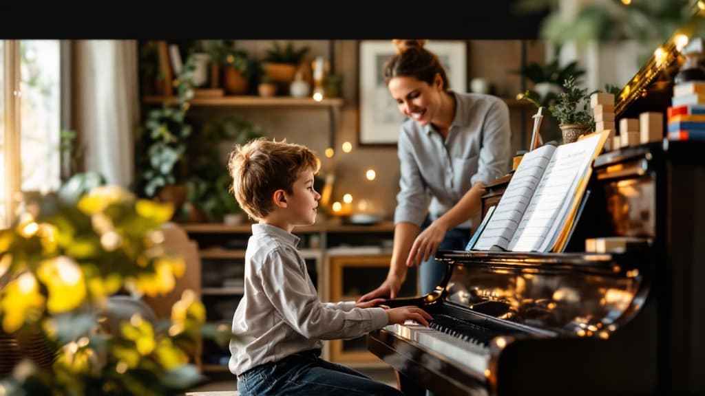 Piano teacher guiding a student through structured lesson